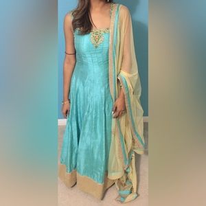 3 piece Indian outfit in light blue and cream color with gold accent